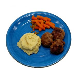 Afbeelding Gehaktbal in jus met Puree en Erwten en wortelen